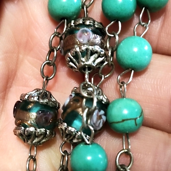 VINTAGE SILVER-TONE FAUX TURQUOISE 7MM BEADS/DECORATIVE BEADS 54" ROSARY - Picture 3 of 10